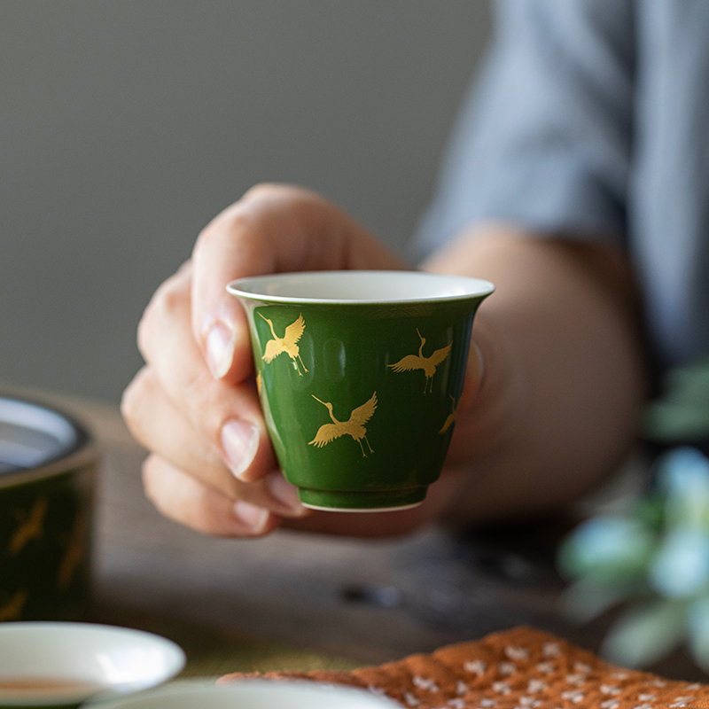 祖母绿仙鹤茶杯家用喝茶小杯子陶瓷品茗杯复古功夫茶具主人杯单杯