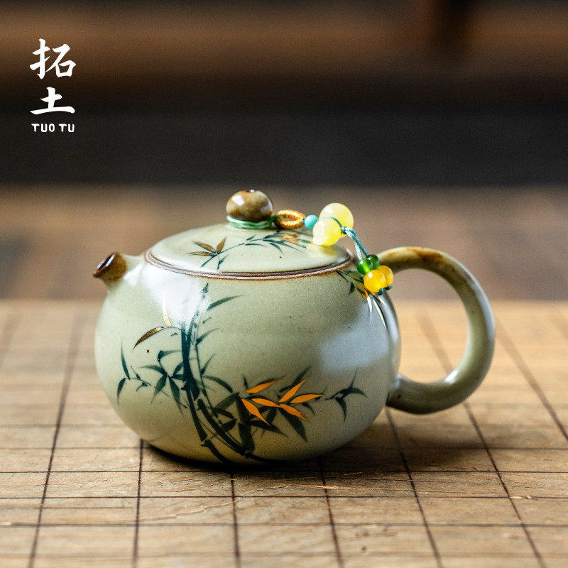 拓土仿古窑变纯手绘青竹西施壶带提溜女士专用陶瓷泡茶壶功夫茶具