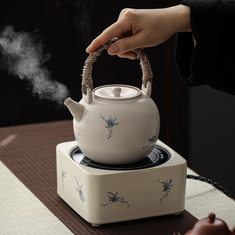 拓土手绘蝴蝶兰花围炉煮茶家用室内陶瓷煮茶壶黑晶炉烧水茶壶套组