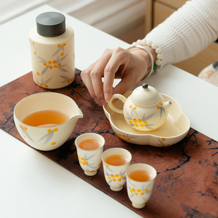 粉引茶壶茶杯干泡1壶3杯 拓土纯手绘枇杷女士小套家用功夫茶具套装