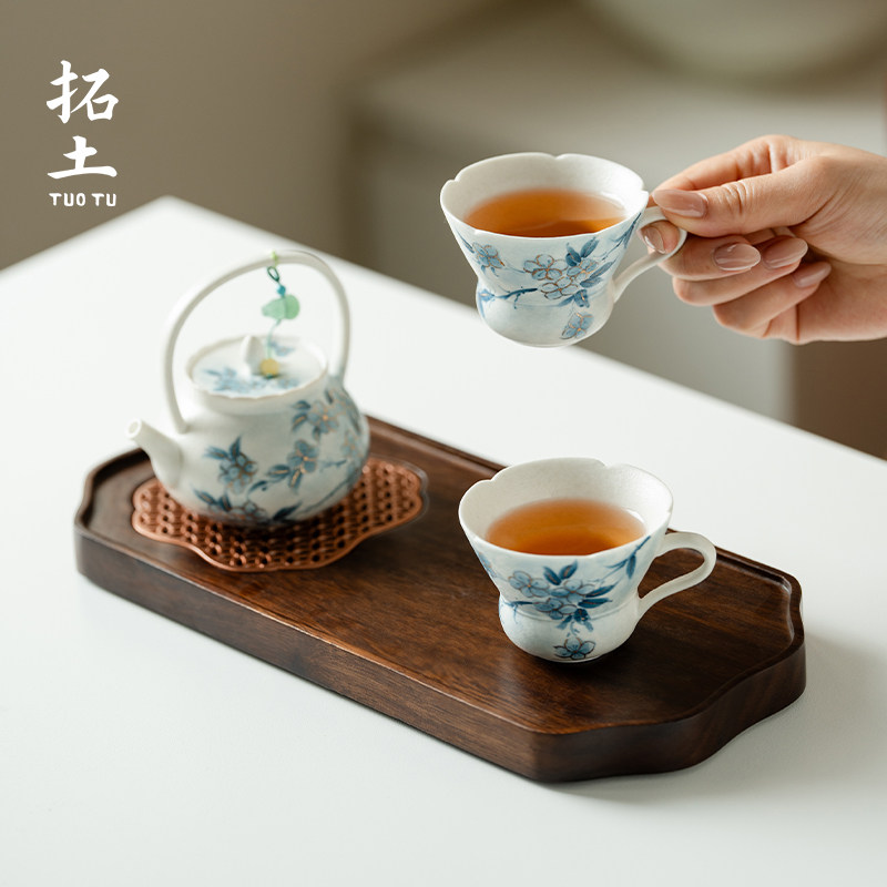 拓土陶瓷一壶二杯茶具套组功夫泡茶壶家用晴岚花缀提梁壶泡茶专用