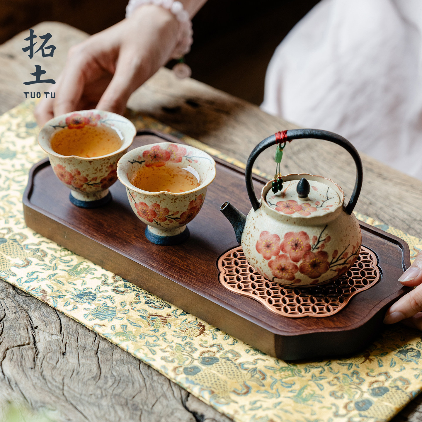 拓土陶瓷茶壶茶杯高档家用纯手绘梅花一壶二杯带茶盘功夫茶具套组