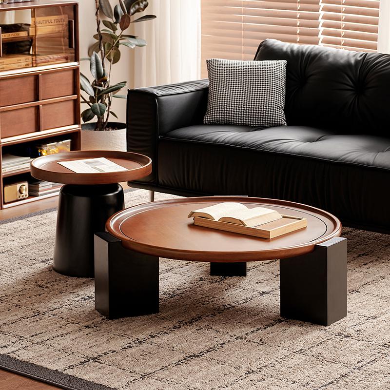 MeiJia木屿中古风茶几圆形实木茶几小户型茶桌子客厅家用组合茶几