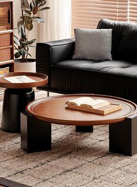 MeiJia木屿中古风茶几圆形实木茶几小户型茶桌子客厅家用组合茶几