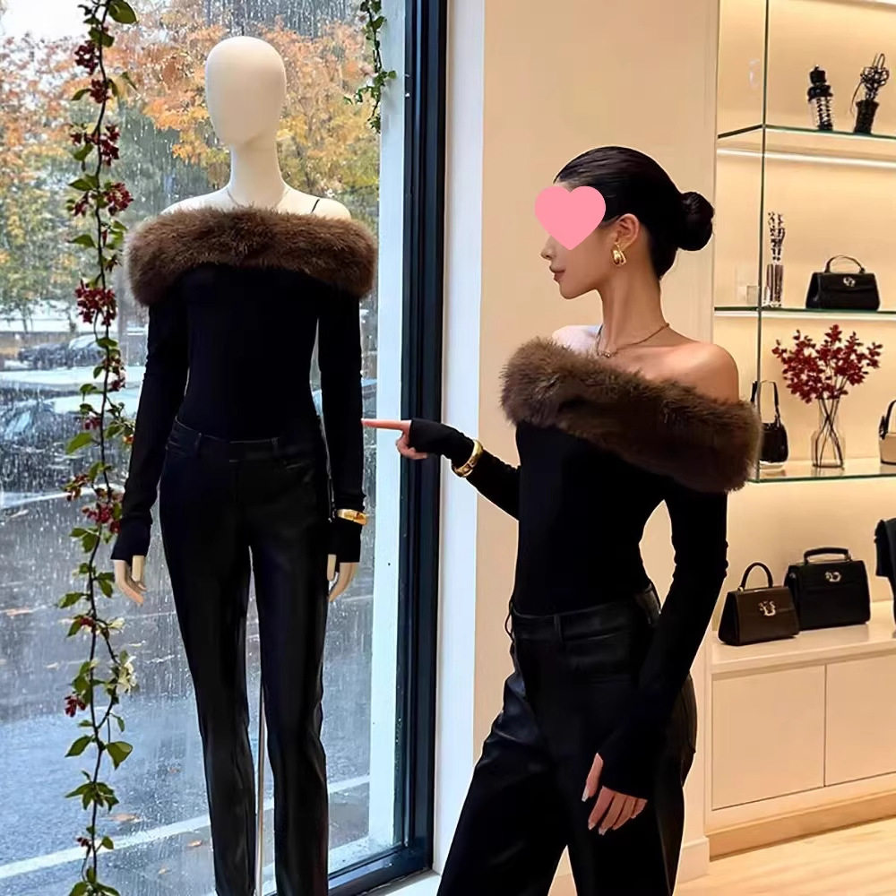 复古一字肩黑色毛毛领上衣女打底衫长袖秋冬季气质修身内搭设计感,女装/女士精品,毛衣,淘宝优惠券,粉丝福利购,淘宝优惠卷