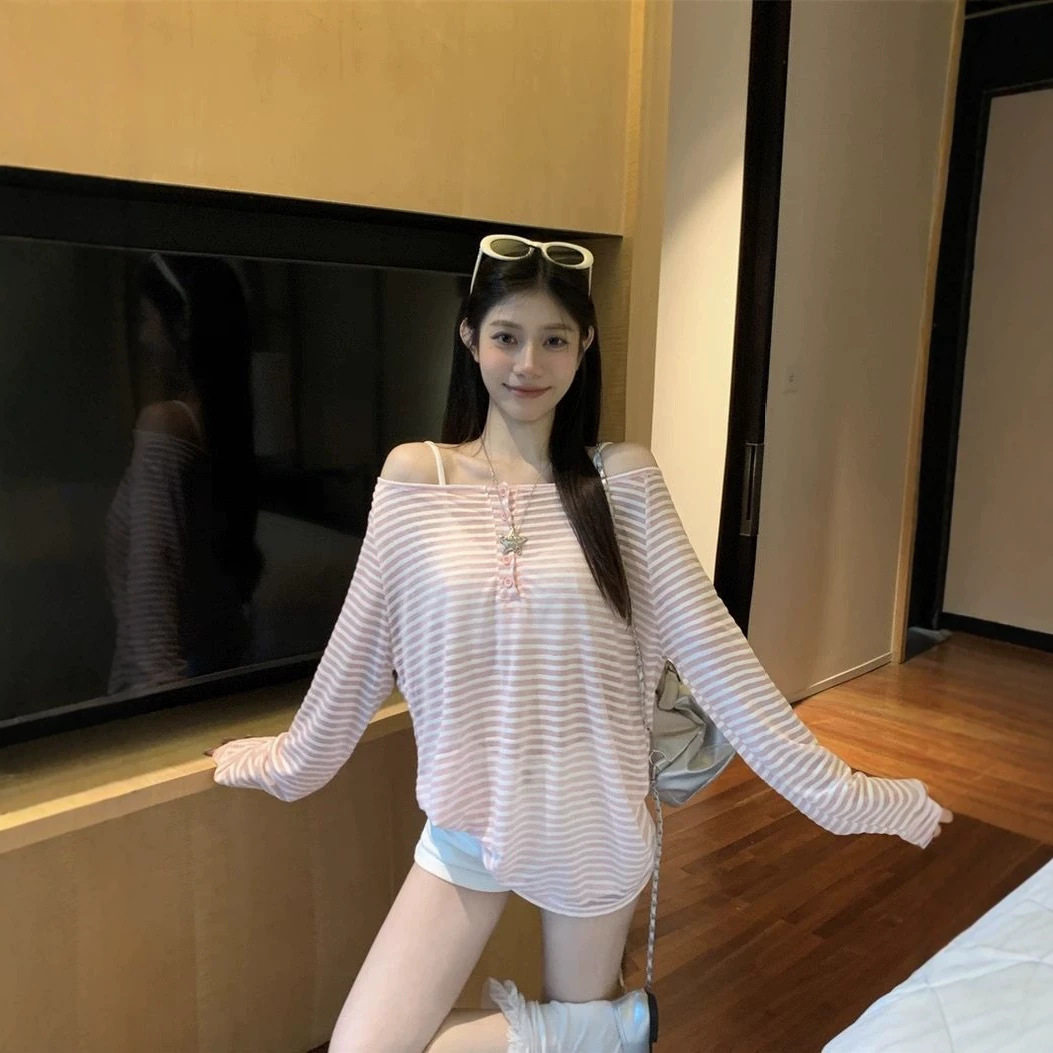纯欲慵懒风黑色条纹薄款长袖T恤女春夏季休闲宽松百搭露肩打底衫