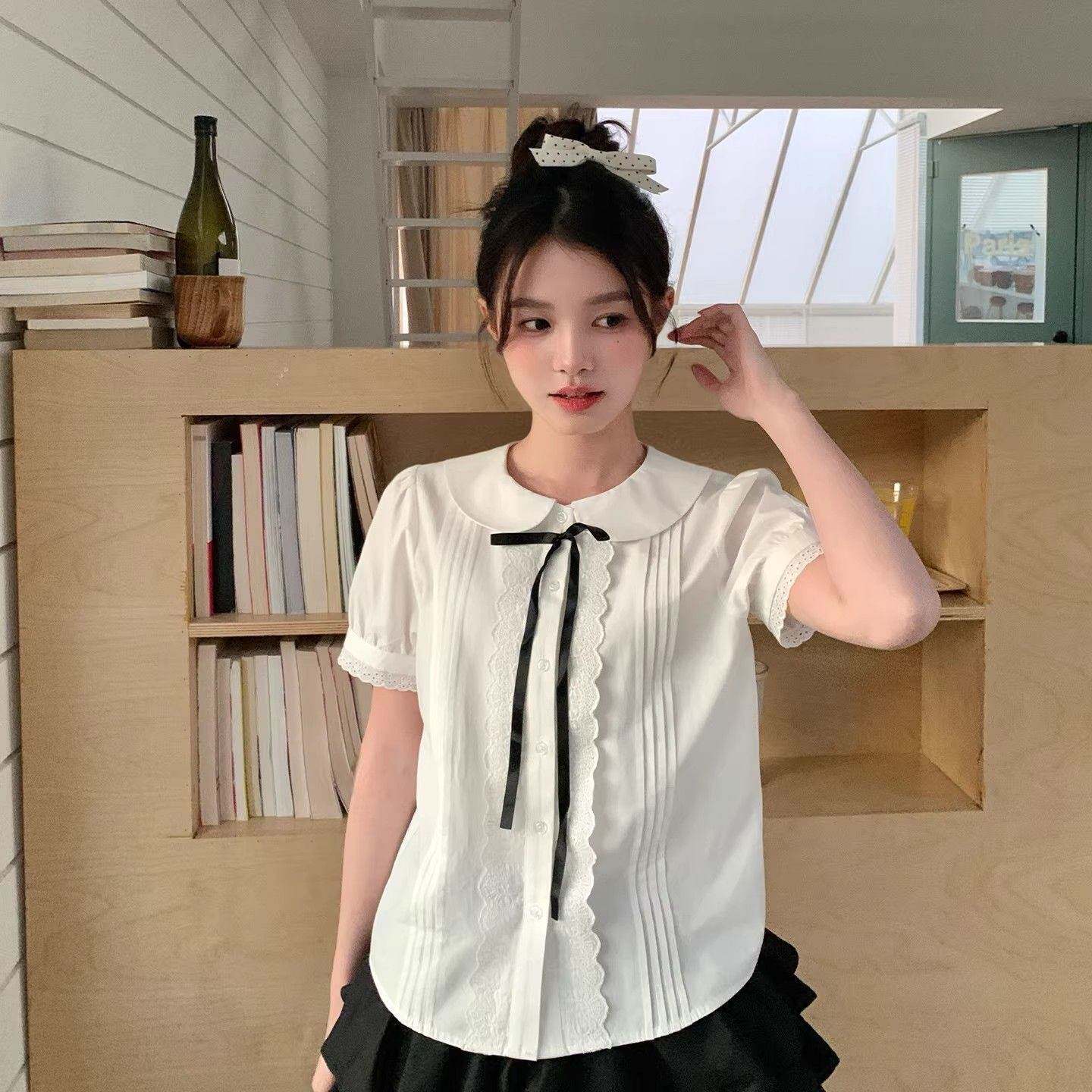 娃娃领系带短袖衬衫女夏季新款学院风JK制服蕾丝花边显瘦上衣