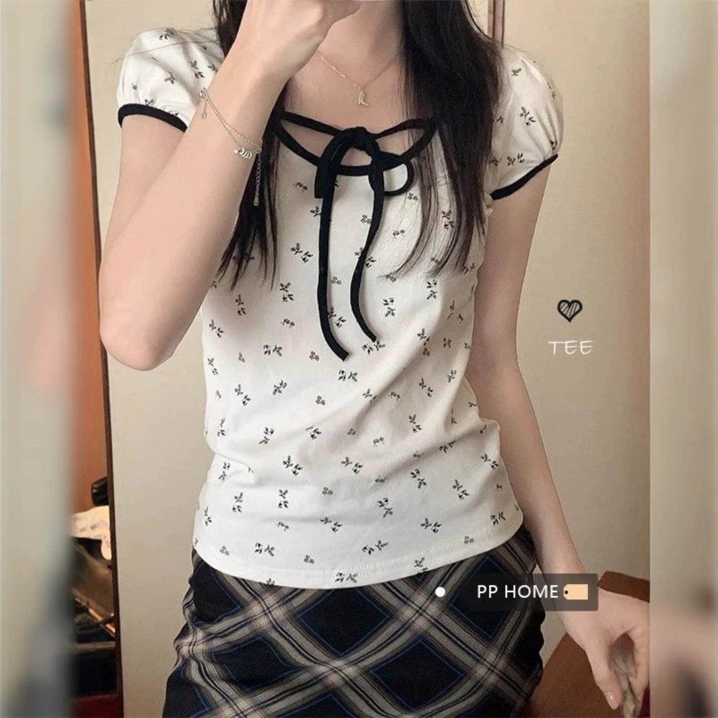 韩版HipHop碎花白T恤女夏修身潮