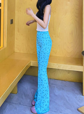 2025秋季新款印花微喇裤女薄款高腰窄版修身显瘦马蹄裤运动喇叭裤