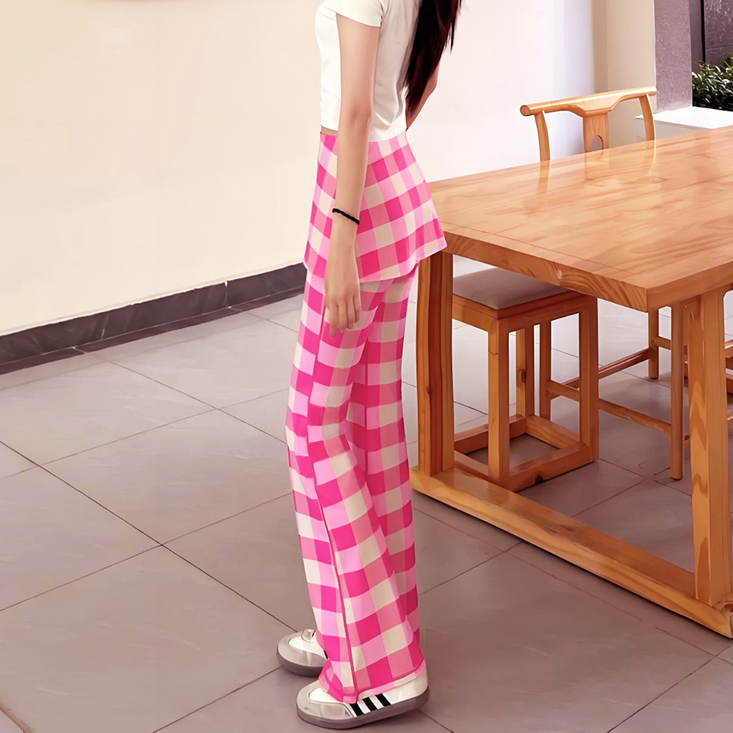 LARRMAIN高腰提臀加长粉色格子假两件微喇阔腿裤女外穿休闲裤