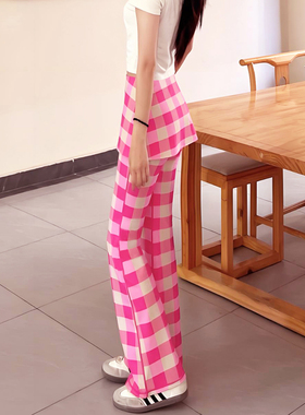 LARRMAIN高腰提臀加长粉色格子假两件微喇阔腿裤女外穿休闲裤