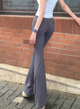 LARRMAIN美式辣妹高腰后双假口袋休闲微喇瑜伽女款黑色灰色喇叭裤