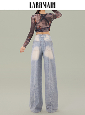 2025新款高腰宽松显瘦直筒裤阔腿女百搭美式复古牛仔印花拖地裤