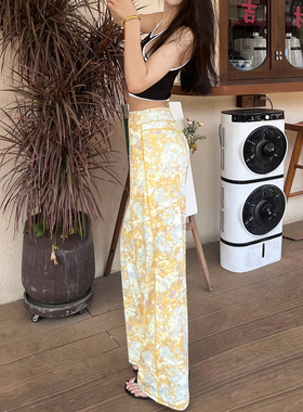 2025秋季新款美式复古黄色印花休闲裤女宽松高腰显瘦阔腿直筒裤
