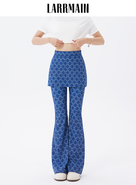 LARRMAIN美式辣妹高腰提臀蓝色仿牛仔纹休闲裤女款微喇瑜伽裤裤