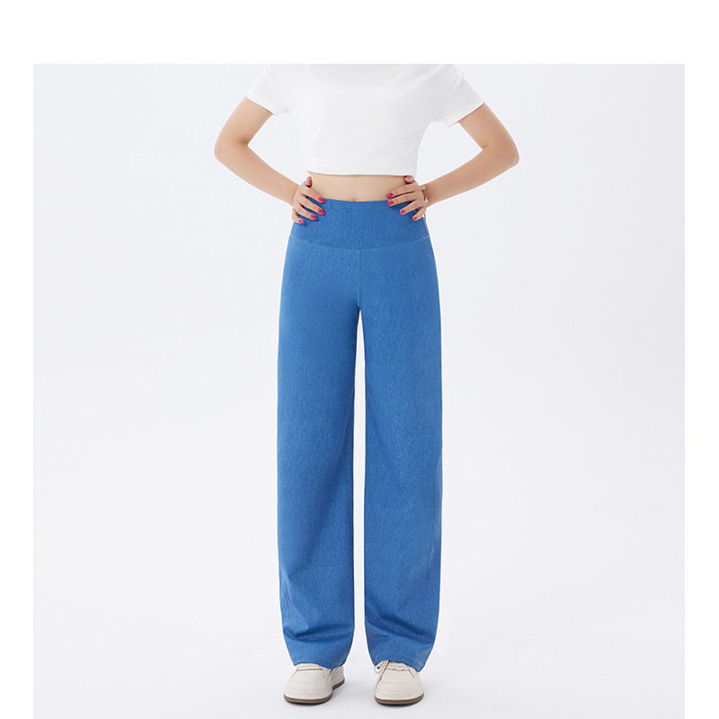 高腰提臀显瘦蓝色仿牛仔纹弹力直筒裤女款垂感阔腿长裤