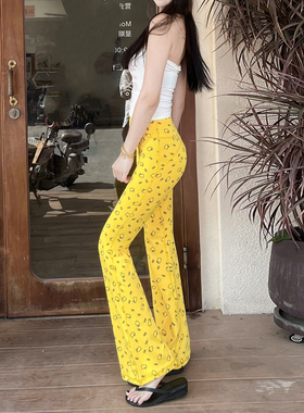 2025秋季新款微喇叭裤女高腰显瘦百搭长裤黄色猫咪印花运动休闲裤