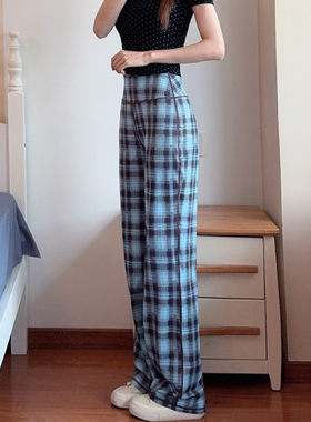 LARRMAIN蓝色格子阔腿裤女秋季2025新款高腰显瘦直筒宽松休闲长裤