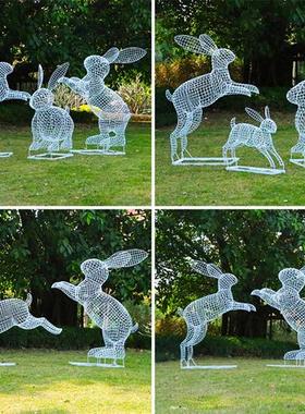 不锈钢动物雕塑仿真兔子摆件楼空网格发光户外园林庭院装饰摆设