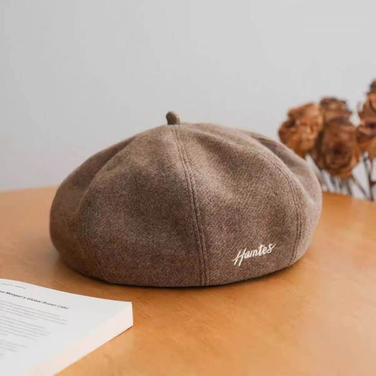 韩版秋冬复古毛呢贝雷帽简约字母刺绣南瓜帽八角帽百搭画家帽子女