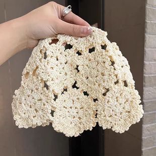 日系镂空手工钩花套头帽女士复古气质透气针织包头帽韩版帽子女潮