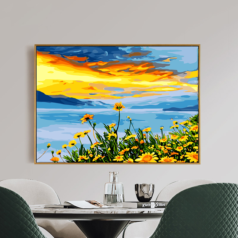 diy数字油画手绘填充填色夕阳花卉丙烯画客厅背景墙装饰画油彩画图片