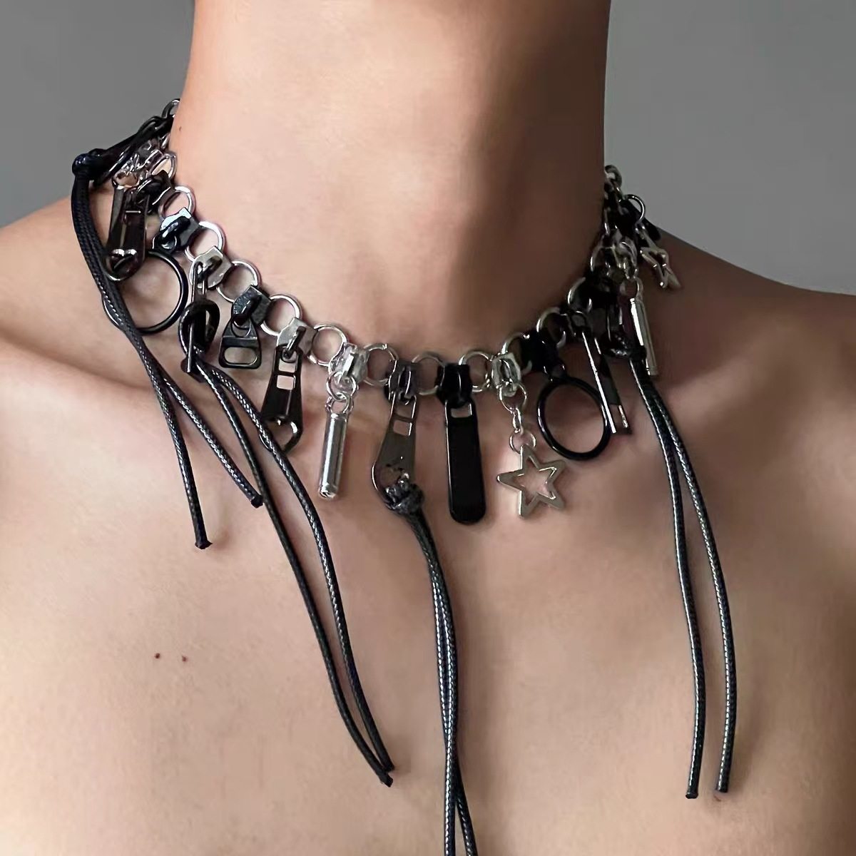 欧美好多拉链黑色项链朋克系列链头重工亚文化y2k锁骨链颈链女