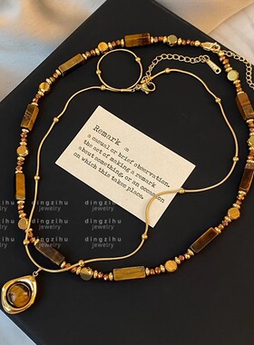 复古天然虎眼石串珠项链颈链2024秋冬新款高级感叠戴毛衣链锁骨