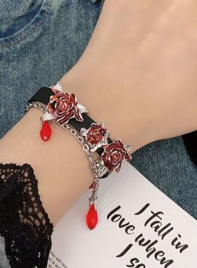 时尚个性风玫瑰流苏皮革手链小众设计感独特暗黑朋克风百搭手