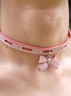 甜酷辣妹粉色蝴蝶结皮质项圈项链小众设计亚文化choker锁骨