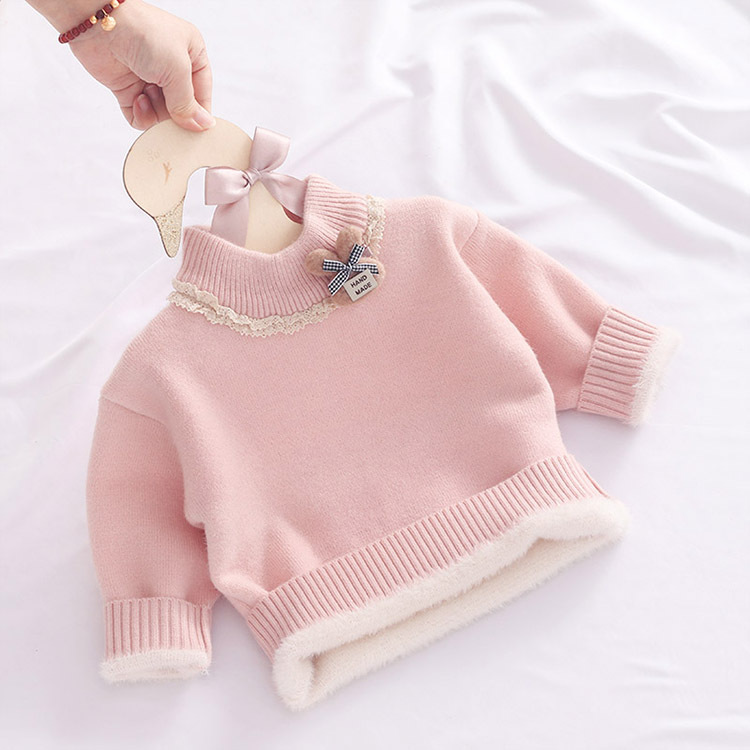 女儿童秋冬装加绒加厚毛衣针织衫女宝宝一体绒保暖可爱中高领上衣