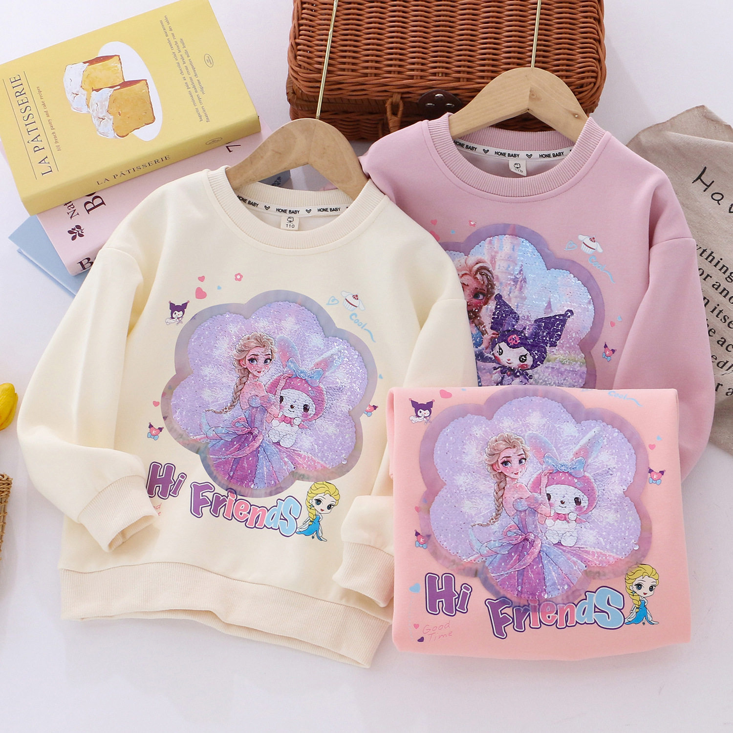 女童爱莎可变图案亮片卫衣春秋冬新款加绒可爱兔纯棉圆领长袖上衣