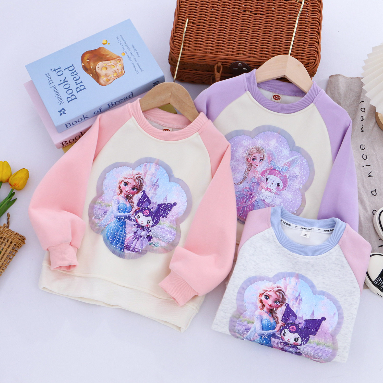 女童纯棉亮片变色爱莎卫衣2026春秋冬新款加绒插肩袖库洛长袖上衣