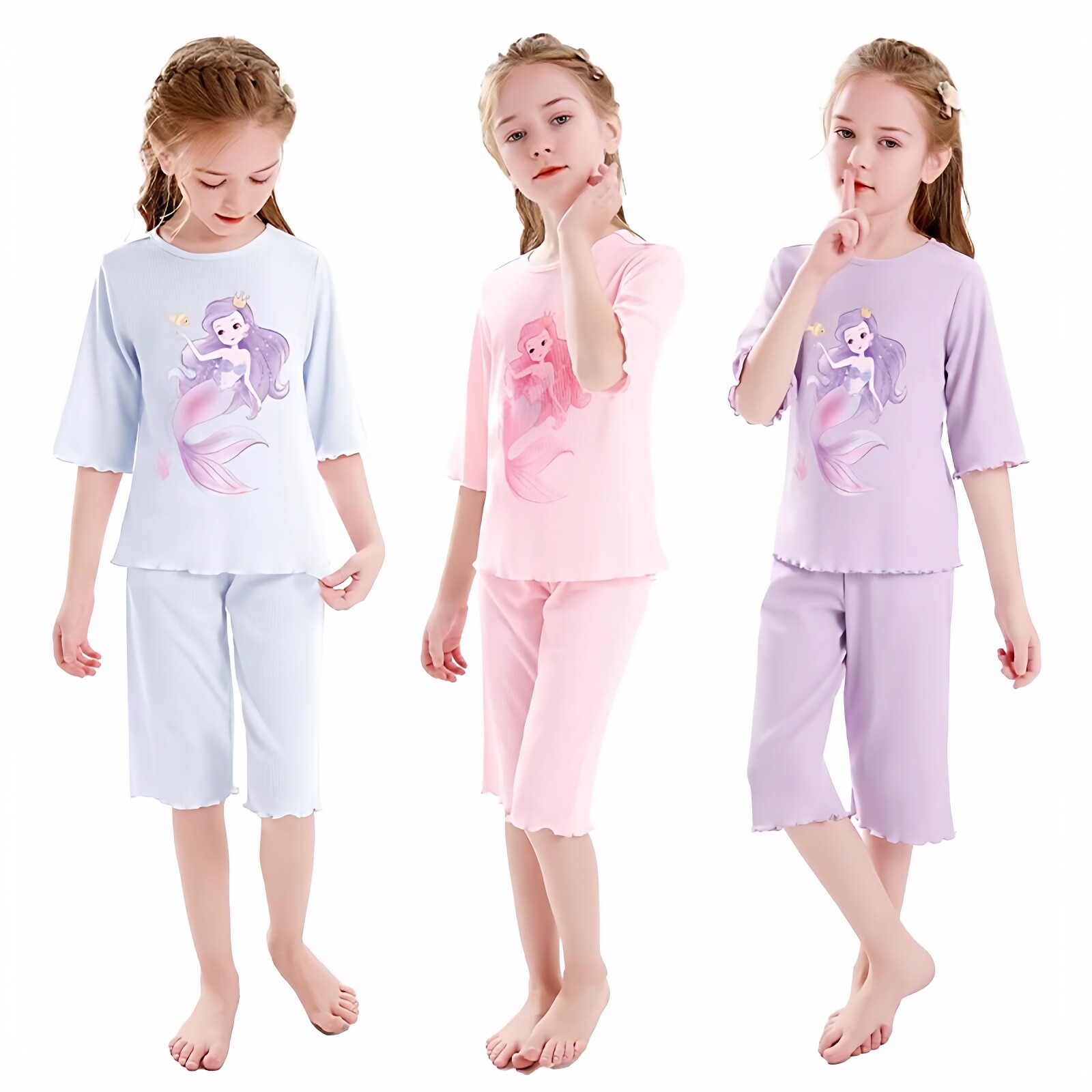 女童美人鱼睡衣套装家居服两件套
