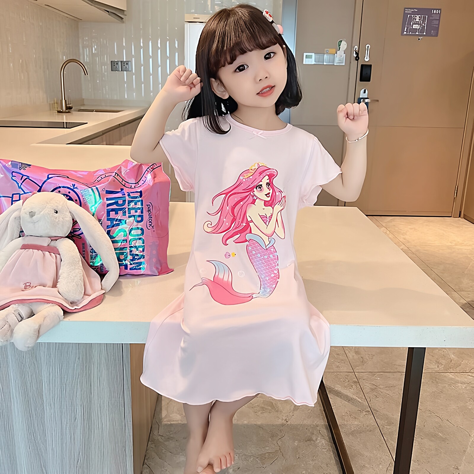 女童短袖美人鱼公主睡裙2026夏薄新款莫代尔棉睡衣宝家居服连衣裙