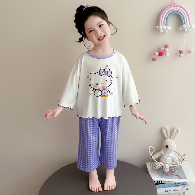 女童格子裤睡衣夏薄款空调服卡通