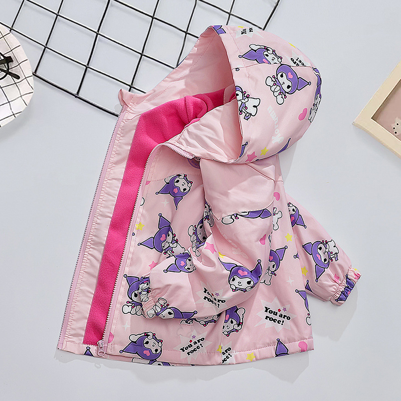 女童卡通库洛米连帽冲锋衣秋冬装加绒加厚保暖防风外套中大童风衣
