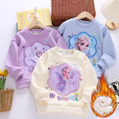 女童纯棉艾莎公主加绒卫衣秋冬款