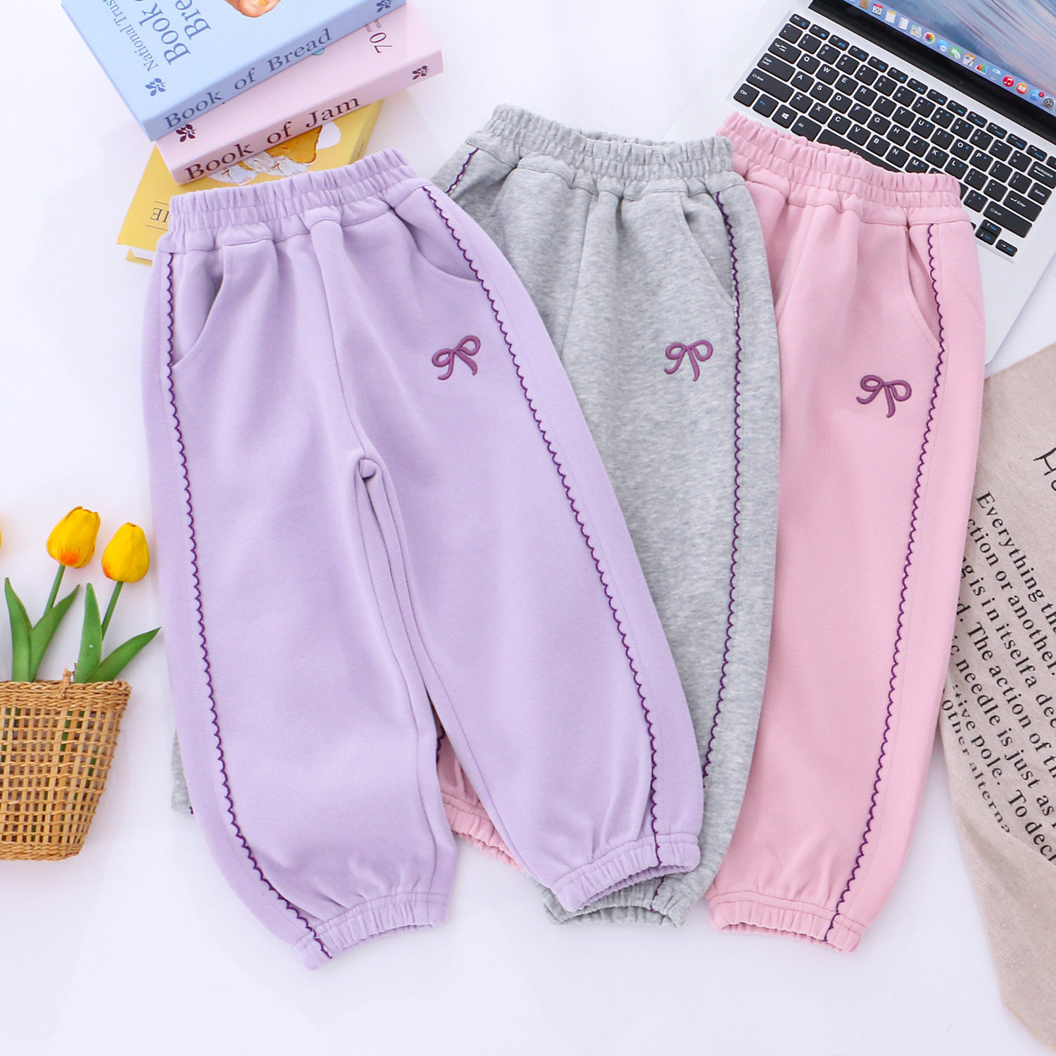 女童纯棉蝴蝶结刺绣卫裤2026秋冬季新款儿童女孩束脚运动休闲裤子