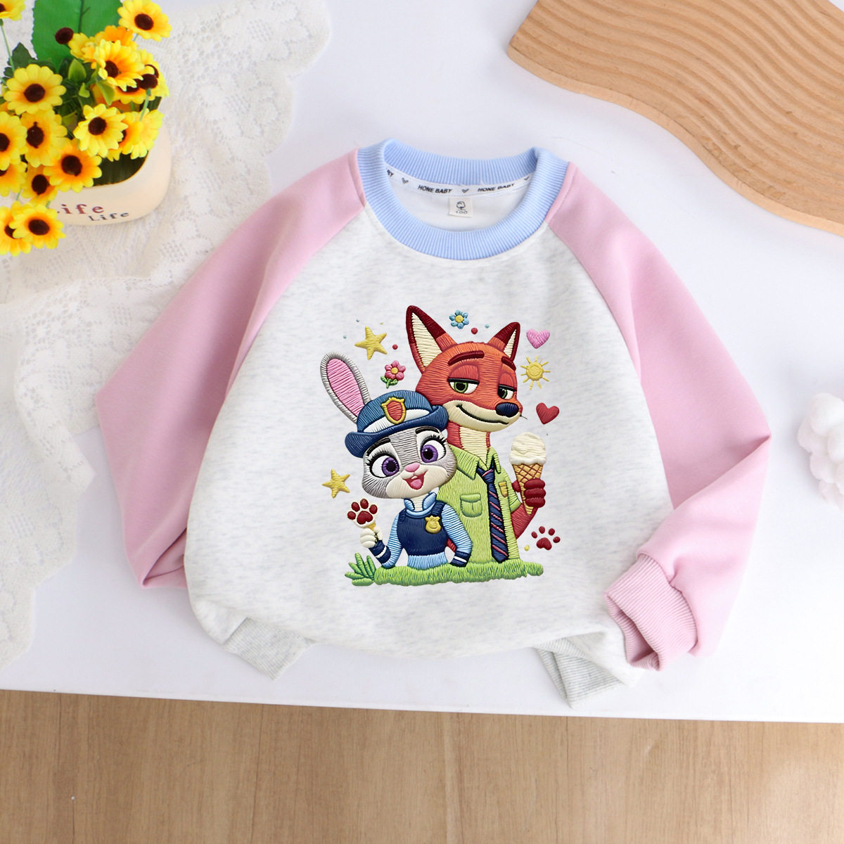 女童纯棉卡通狐狸兔子印花卫衣春秋装新款插肩袖圆领长袖打底上衣