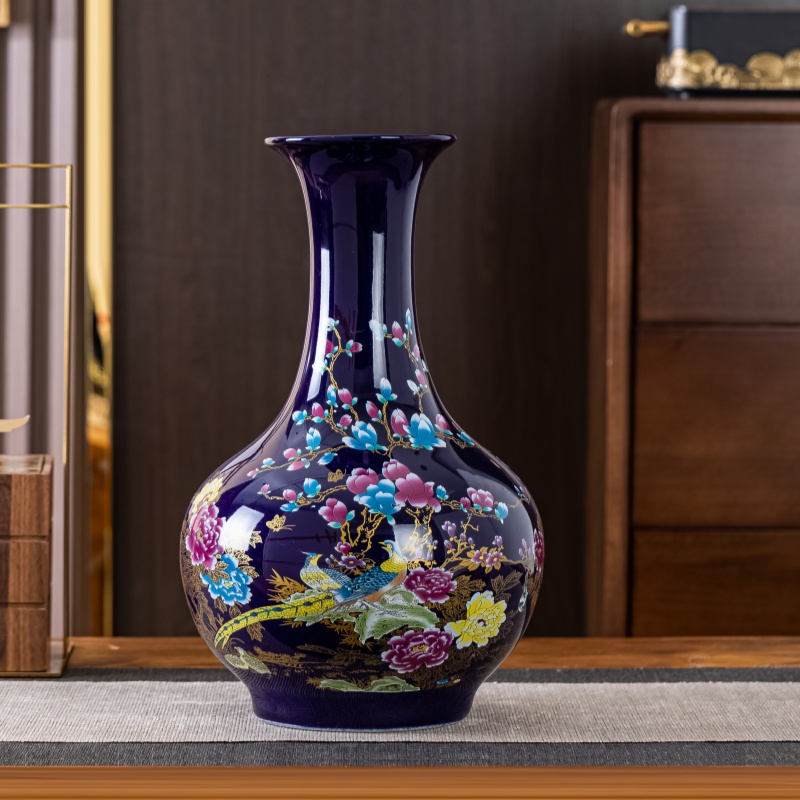 景德镇陶瓷景泰蓝锦鸡花瓶客厅酒柜电视柜玄关装饰水培插花器摆件