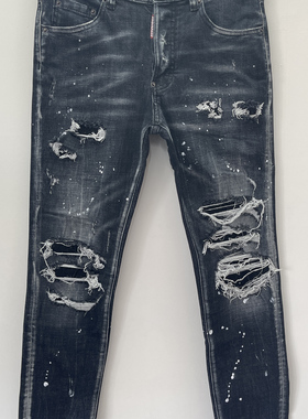 6083春夏新款D2潮男水洗磨破洞补丁油漆立体裁剪小脚黑色牛仔裤男