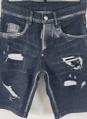 D614春夏新款D2五分裤潮男水洗磨破洞补丁油漆修身微弹牛仔短裤男