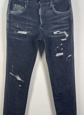 6074春夏新款D2潮男水洗磨破洞补丁油漆泼墨微弹小脚黑色牛仔裤男