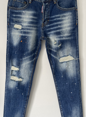 6022春夏新款D2潮男水洗磨破洞补丁油漆立体裁剪小脚蓝色牛仔裤男