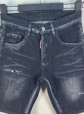 D603春夏新款D2男装黑色牛仔短裤 时尚破洞补丁油漆五分裤搭微弹