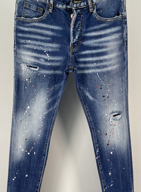 6052春夏新款D2潮男水洗磨破洞补丁油漆立体裁剪小脚蓝色牛仔裤男