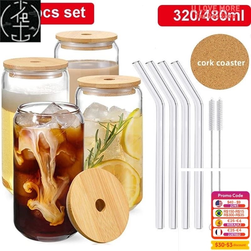 Glass Cup With Bamboo Lid and Straw Bubble Tea Cup Glasses C