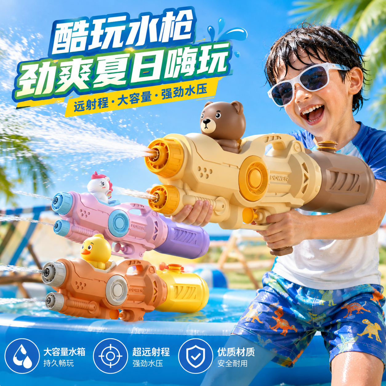 新款儿童水枪玩具网红双喷头戏水枪小马恐龙鸭子鲨鱼抽拉式滋水枪