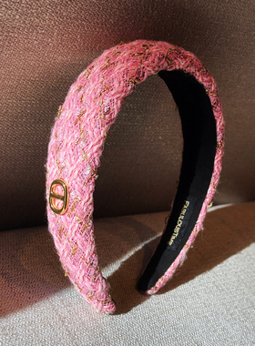 杨杨babytime 香奶奶粉色粗花呢金丝发箍 猪鼻子高端头箍秋冬新款